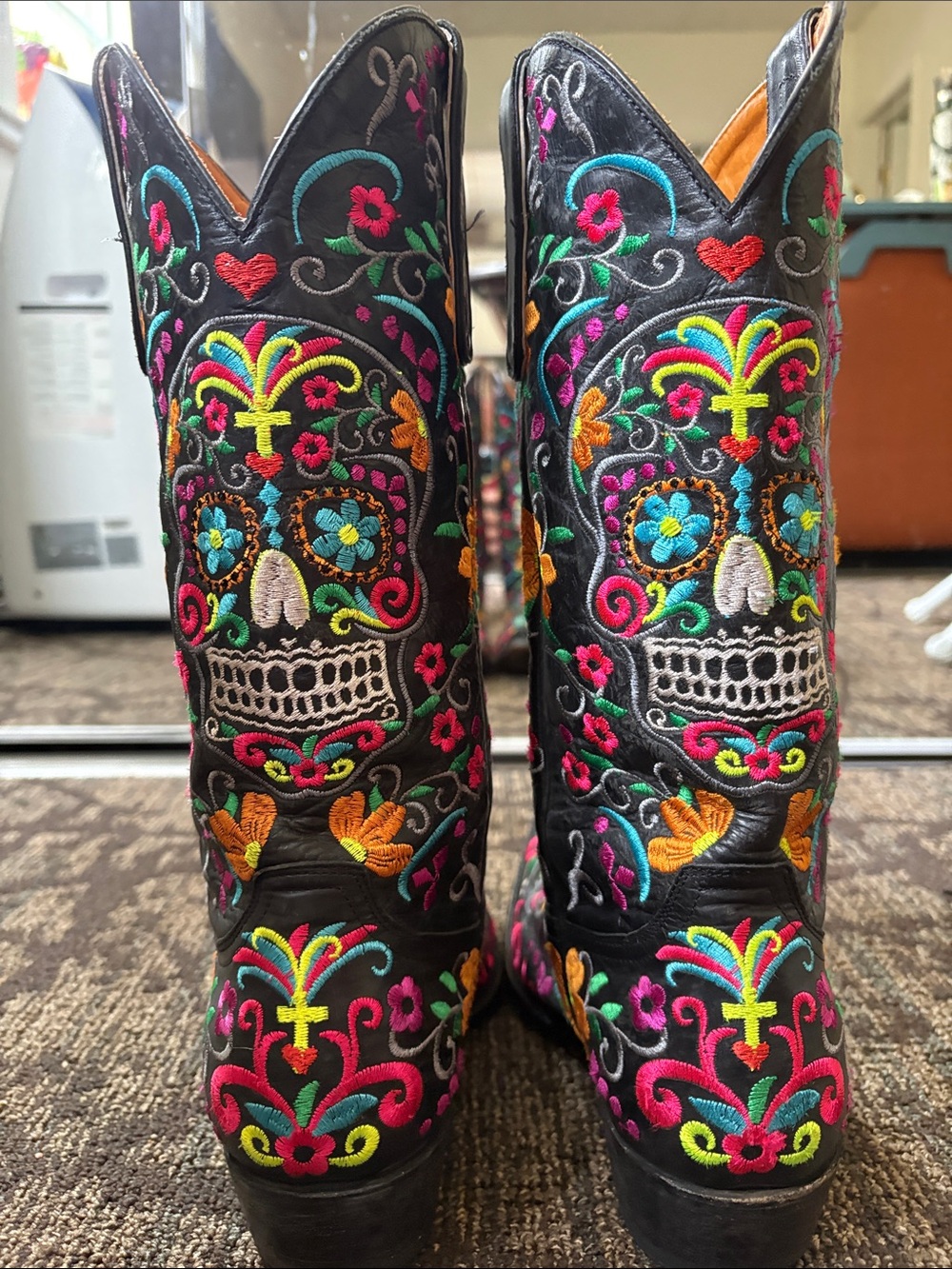 OG Embroidered Black Leather Sugar Skull Cowboy Boots - Vibrant Multicolor - Picture 2 of 10